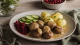 Svenska köttbullar med gräddsås, potatis, lingon och gurka