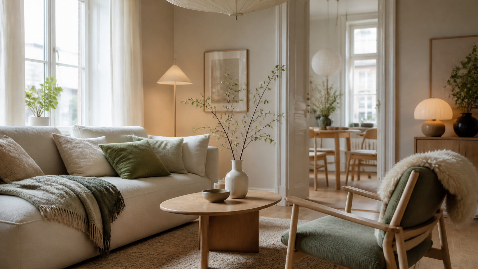 Lugnt nordiskt vardagsrum i varma toner och salviagrönt